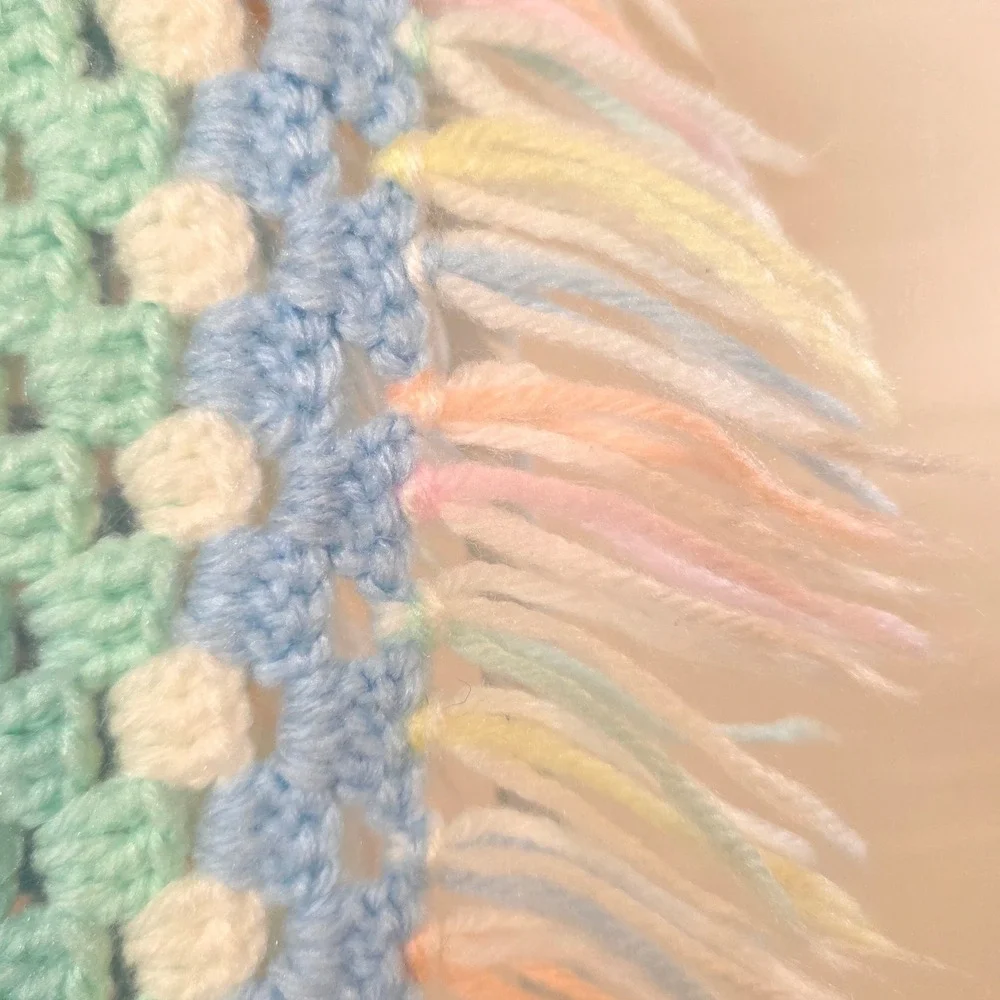 Handmade Bright Multi Color Crochet Granny Square Baby‎ Blanket Fringed Afghan